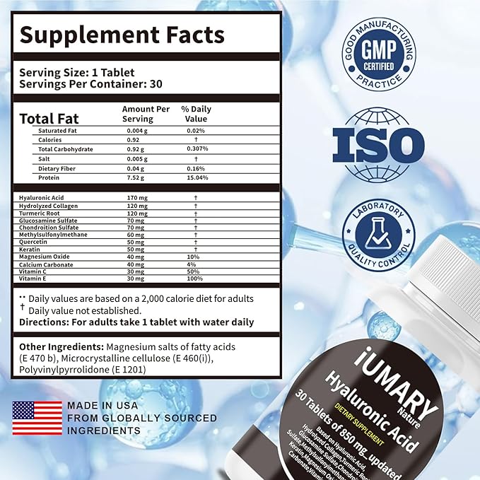 Hyaluronic Acid Supplements, 850mg High Bioavailable Dietary Hyaluronic Acid - Advanced Joint Support with Hydrolyzed Collagen, Turmeric, Glu-cosamine, MSM, Vitamin C – 30 Tablets(Pack of 3)