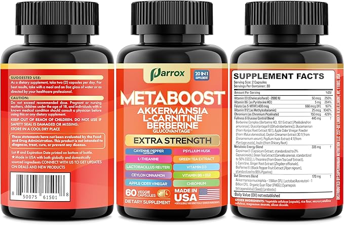 GLP-1 Booster Supplement, Akkermansia, L-Carnitine, Berberine (GlucoVantage), Methylfolate, Methylated B12, Chromium, Capsimax, Psyllium Husk, Probiotics Vitamins D3, B6, 20-in-1 Plant-Based (3 Pack)