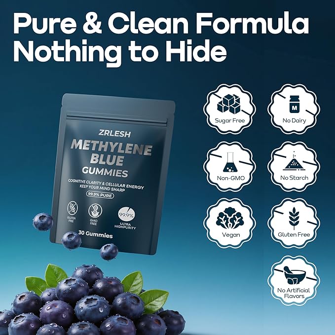 Methylene Blue Gummies, 7mg of Methylene Blue,99.9% Pure, Per Gummy for Sustained Energy,Lifted Mood,Mental Clarity, Pure, Fast-Absorbing,Vegan,30 Gummies