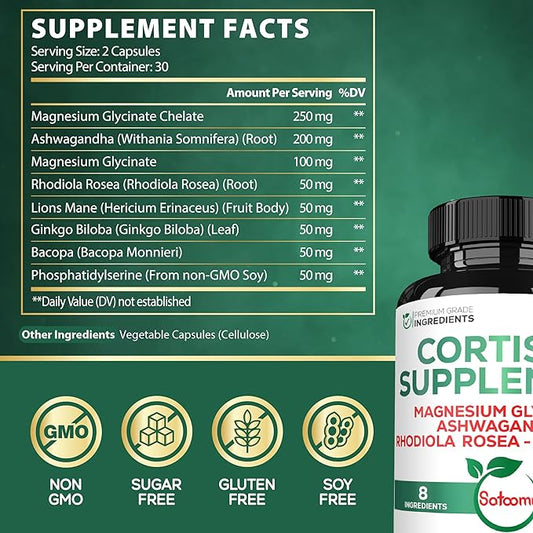 Satoomi 8in1 Cortisol Manager with Magnesium Glycinate, Ashwagandha, Rhodiola Rosea, Lions Mane & More - Cortisol Reducer Supplement Men & Women - 60 Capsules