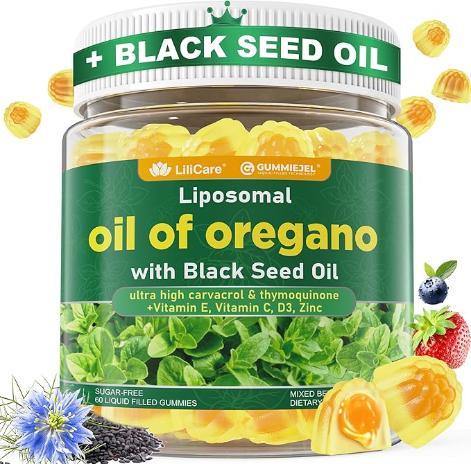 Oil of Oregano with Black Seed Oil Filled Gummies - 2 Months Supply - Aceite De Oregano Capsulas Alternative, Carvacrol & Thymoquinone with VE, VC, D3, Zinc, Liposomal Form, Sugar Free, Berry Flavor