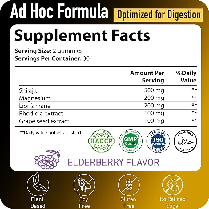 ad hoc 1100mg Gold Shilajit Gummies with Magnesium, Lions Mane, Rhodiola, Grape Seed - Himalayan Shilajit for Men Women, 85+ Trace Minerals & Fulvic Acid, Pure Shilajit for Energy Immune Support,60 Ct