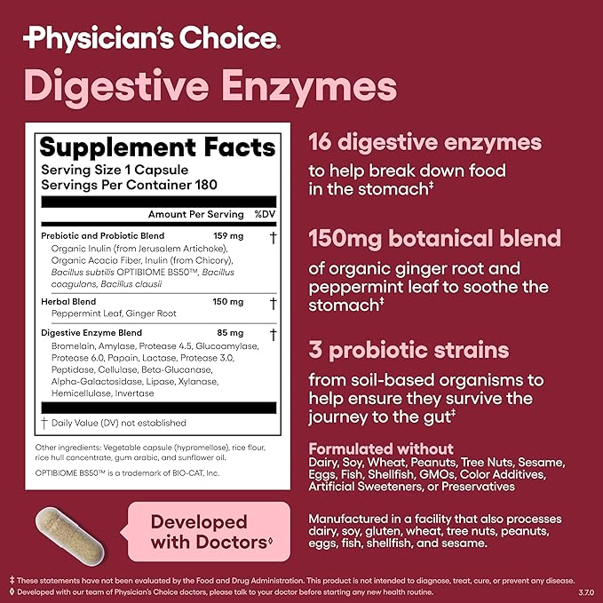 Physician's CHOICE Digestive Enzymes for Bloating & Digestion - 16 Enzymes with Organic Prebiotics & Probiotics for Gut & Digestive Health - Meal Time Discomfort Relief - Dual Action Support - 180 CT