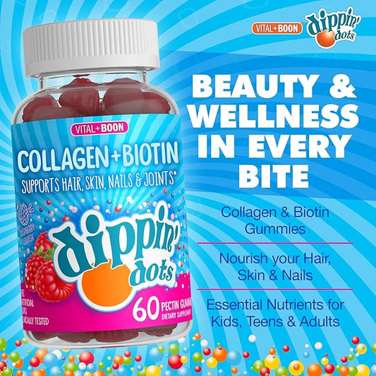 Vital+Boon Dippin' Dots - Biotin Collagen Gummies for Women and Men - Hair, Skin & Nails Support - 10,000 mcg Biotin - Vegetarian, Non-GMO, Gluten-Free (60 Count)
