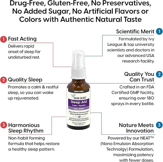 Sleep Aid, Liquid Melatonin, Natural Herbs, Calm, Restful, Oral Spray,1 oz, Drug-Free, 60 Servings