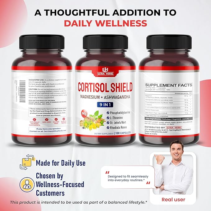 CORTISOL Shield 9-in-1 -Magnesium + Ashwagandha with Phosphatidylserine, L-Theanine, St. John's Wort, Rhodiola Rosea - Relaxation Support, Hormone Balance (180 Count (Pack of 1))