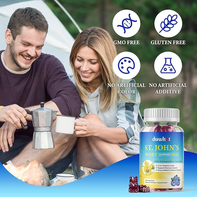 duwhot St John's Wort Gummies 600mg, 3 in 1 Organic Herbal Supplements for Stress Relief, Nervous System Support, with Ashwagandha & Holy Basil Extract for Adults & Kids, Non-GMO, Vegan, 60 ct.