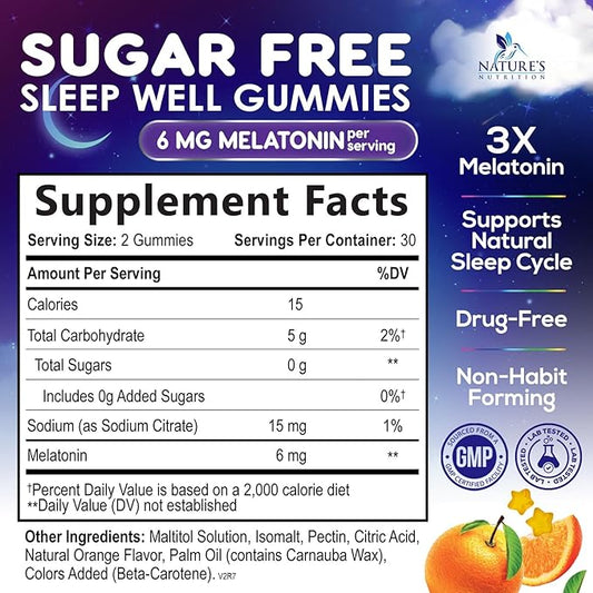 Melatonin Sleep Gummies - 6mg Per Serving - Sugar-Free Sleep Support Melatonin Gummy for Adults - Extra Strength Sleeping Gummy Supplement - Supports Restful Sleep - Tasty Orange Flavor - 60 Gummies
