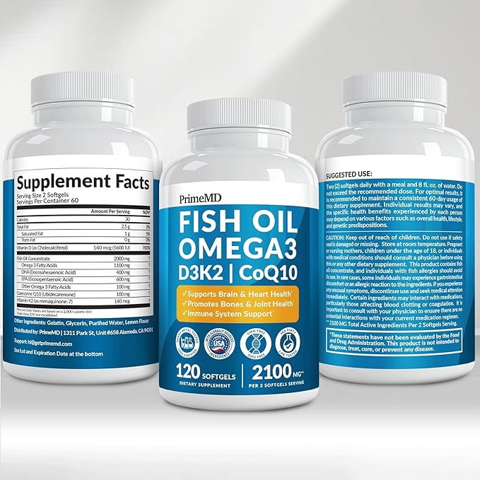 4-in-1 Fish Oil Omega 3 Fatty Supplements (2100mg) - Omega 3 Fish Oil with Vitamins D3 K2 and CoQ10 - Lemon Flavored (120 softgels)