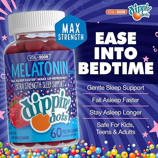 Dippin' Dots Extra Strength Melatonin 20mg Gummies for Adults - Melatonin Gummies with 20mg per Serving - Vegan Friendly Nighttime Sleep Supplement - Made with Natural Colors & Flavors (60 Count)