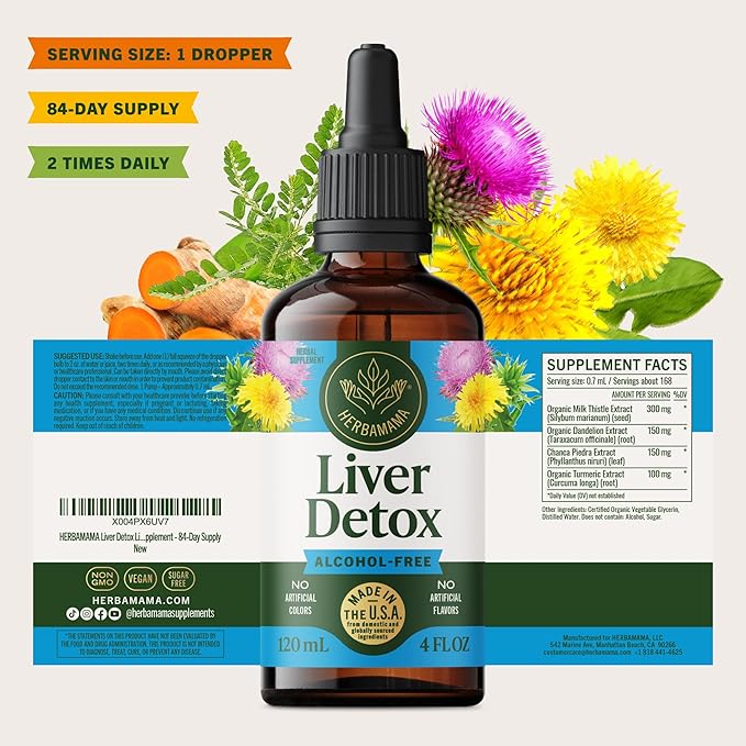 HERBAMAMA Liver Detox Liquid Drops - Vegan Liver Support with Milk Thistle, Dandelion Root, Chanca Piedra & Turmeric Tincture - Non-GMO, Alcohol & Sugar-Free Supplement - 84-Day Supply
