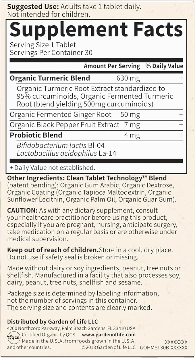 Garden of Life Organics Maximum Strength Turmeric Joints & Mobility Support 30 Tablets - 500mg Curcumin (95% Curcuminoids) Black Pepper - Organic Non-GMO Vegan & Gluten Free Herbal Supplements