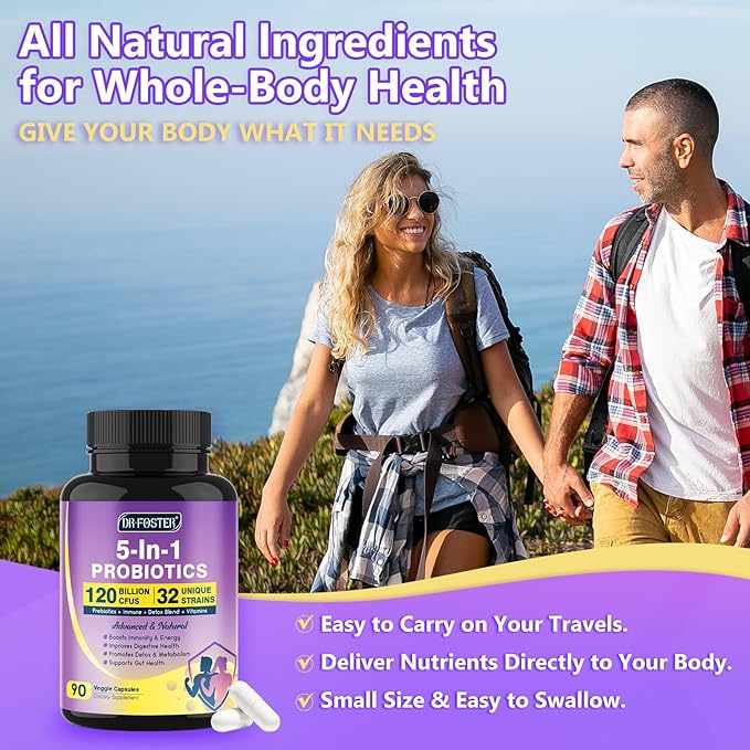 DRFOSTER Probiotics for Women & Men Digestive Health,120 Billion CFUs, Prebiotics and Probiotics for Gut Health, D3, Zinc & Immune Support Herbs, Detox Cleanse, 45 Day - 3 Month Supply