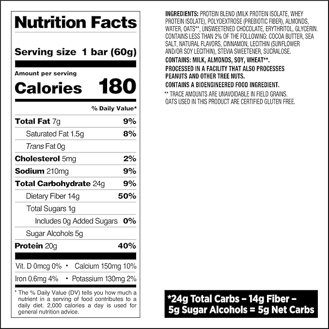 Quest Nutrition Oatmeal Chocolate Chip Protein Bars, 20g Protein, 1g Sugar, 5g Net Carb, Gluten Free, Keto Friendly, 4 Count