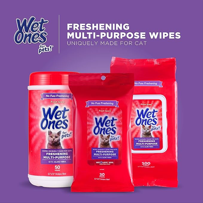 Wet Ones for Cats Freshening Wipes, Multi-Purpose Cat Grooming Wipes with Aloe Vera, Helps Remove Dirt, Odor, and Dander Between Baths, Fresh Scent, 50 Count - 3 Pack