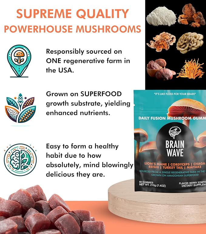 Superfood Mushroom Gummies | Delicious Daily Multi Lions Mane Mushroom Gummy Supplement 2,008 mg | Reishi Mushroom + Cordyceps + Turkey Tail + Chaga + Maitake | Mushroom Gummies for Focus and Energy
