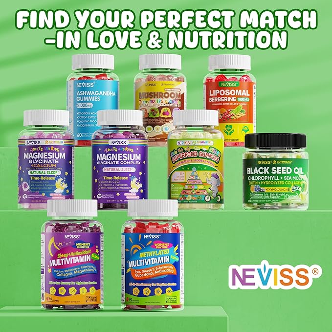 NEVISS Kids 4+ & Teens Super Greens 40-in-1 Gummies w/Multivitamin, Omega3 Iron, D3K2, Picky Eater Organic Super Fruits Veggies Superfood Gummy, Mushroom, Lutein | Immune Bone Brain Energy, Sugar Free