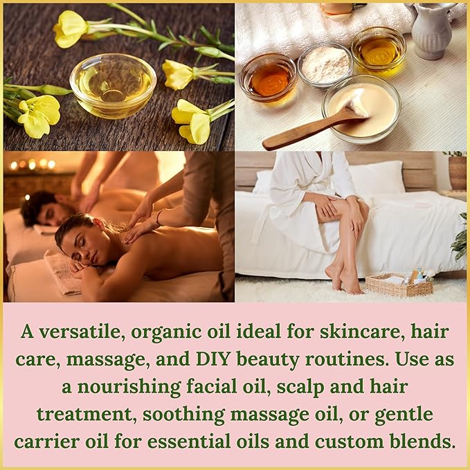 Evening Primrose Oil – 100% Pure, Cold-Pressed & Unrefined, Organic Evening Primrose Oil, Rich in Natural Fatty Acids & Antioxidants – for Skin, Hair, Massage & Carrier Oil, 4 fl oz Glass Bottle