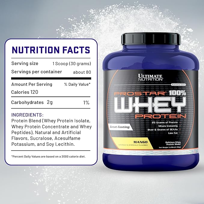 Ultimate Nutrition Prostar Whey Protein Powder Isolate, Mango - Low Carb, High Protein Powder Shake for Muscle Gain & Recovery - Low Sodium, Low-Fat & Keto Friendly - 5.28 lbs Tub