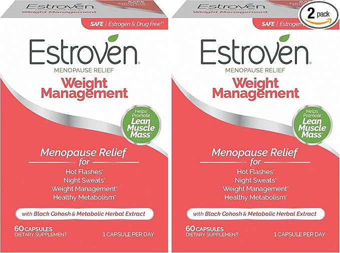 Estroven Weight Management for Menopause Relief - 60 Ct. - Clinically Proven Ingredients Help Manage Weight, Provide Night Sweats & Hot Flash Relief - Drug-Free & Gluten-Free, (Pack of 2)