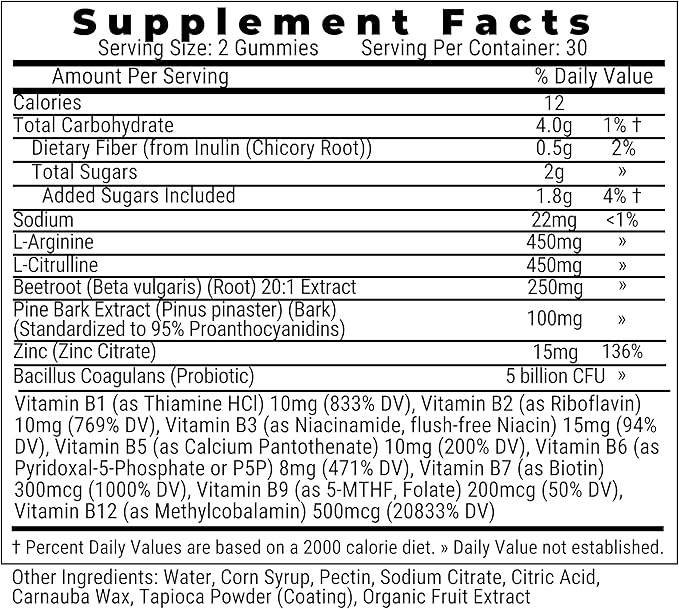 Pine Bark Extract L-Arginine L-Citrulline Beetroot Probiotic Fiber Methylated B Complex Zinc Gummies for Women Men Adults Kids w. Chicory Root Inulin 5-MTHF B6 P5P Powder Capsule Pill Supplement Alt