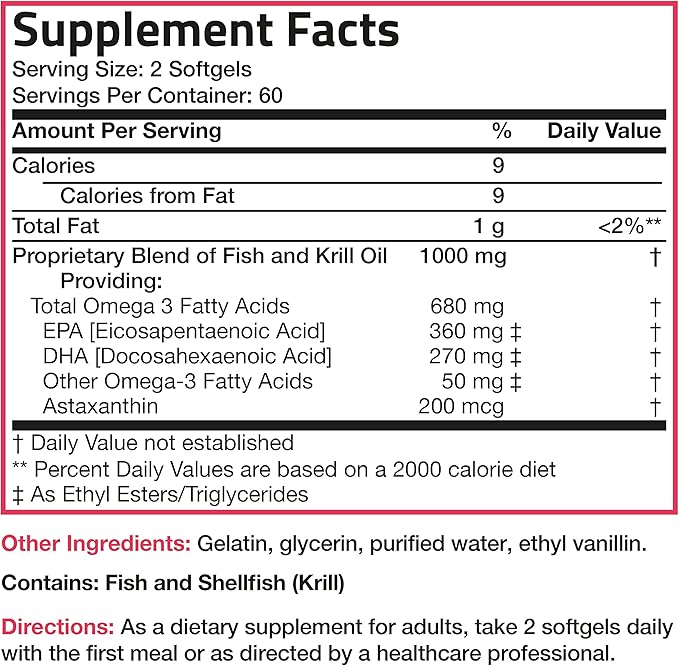 Bronson Omega-3 Fish + Krill Oil 1000 MG EPA DHA Astaxanthin Premium Blend - Joint, Brain & Eye Health - Non GMO, Heavy Metal Tested, 120 Softgels