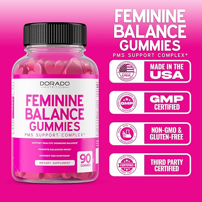 Feminine Balance For Women Gummies & PMS Gummies (90 Count) - Natural Feminine Balance for Women - Cramps, Bloating, Mood Swings, Hot Flashes - Formulated with Cranberry, Dong Quai & Chasteberry