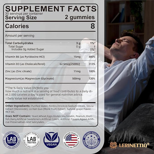 Magnesium Glycinate 500mg/250mg for Adults Teens - Plus D3,B6 & Zinc - Magnesium Glycinate Gummies,High Absorption - Support for Relaxation,Brain,Bone & Immunity Health - Sugar Free - 120Cts