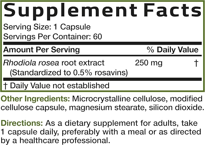 Bronson Rhodiola Rosea Vegetarian Capsules - Adaptogenic Herb - Brain, Stress & Mood Support - Non-GMO, 60 Count