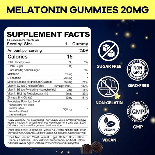 Melatonin 20mg Gummies for Adult: Sugar Free Melatonin Supplement Extra Strength with Ashwagandha L-Theanine Magnesium Turmeric Vitamin D3 B6 B12 - Non-Habit Forming for Women Men(120Count)