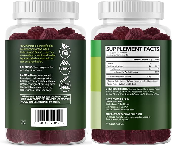 Saw Palmetto for Men Gummies - DHT Blocker Supplement for Hair Health and Male Patterned Balding - 120 Count - Supports Scalp and Prostate Wellness - Raspberry Flavor - Vegan, Non-GMO, 2 Month Supply