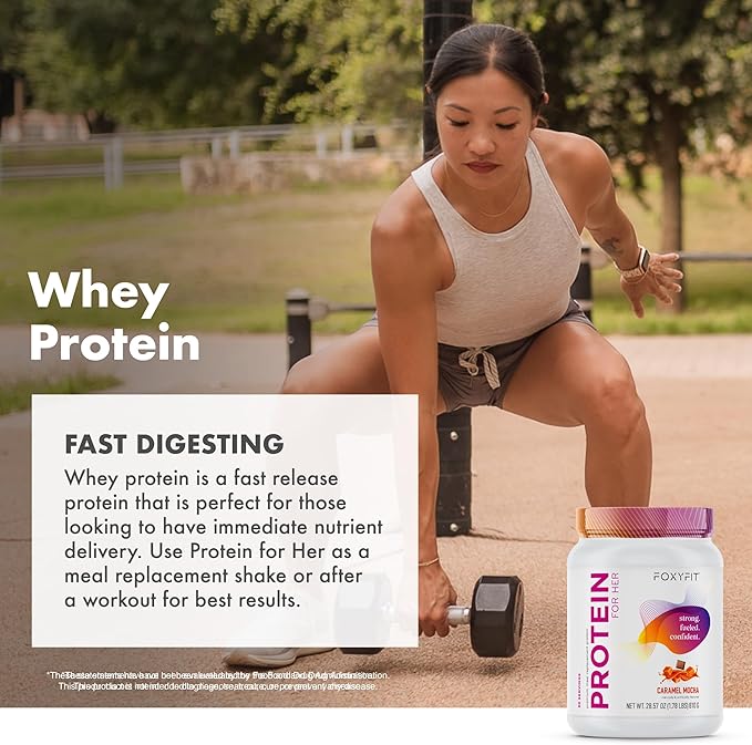 FoxyFit Protein for Her, Caramel Mocha Whey Protein Powder with CLA and Biotin for a Healthy Glow (1.85 lbs)
