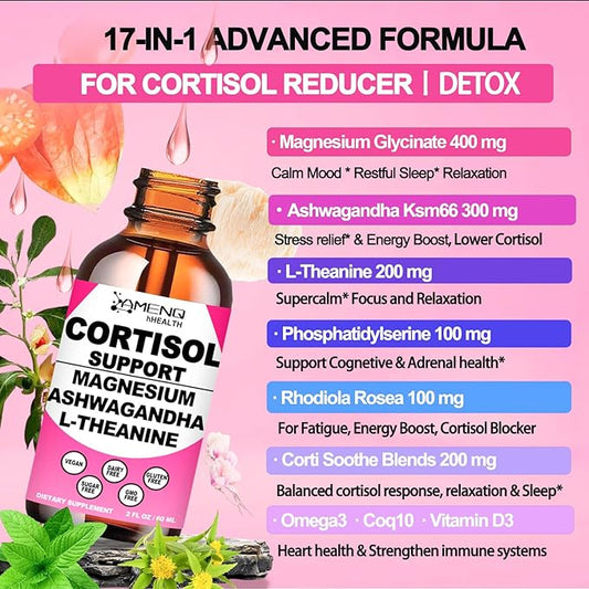 2 Pack Cortisol Supplements for Women, 17-in-1 Cortisol Calm Detox Reducer Manager w. Magnesium Ashwagandha Theanine, Cortisol Liquid Drops for Relax, Recess Mood & Hormone Harmony, Cortisol Drink Mix