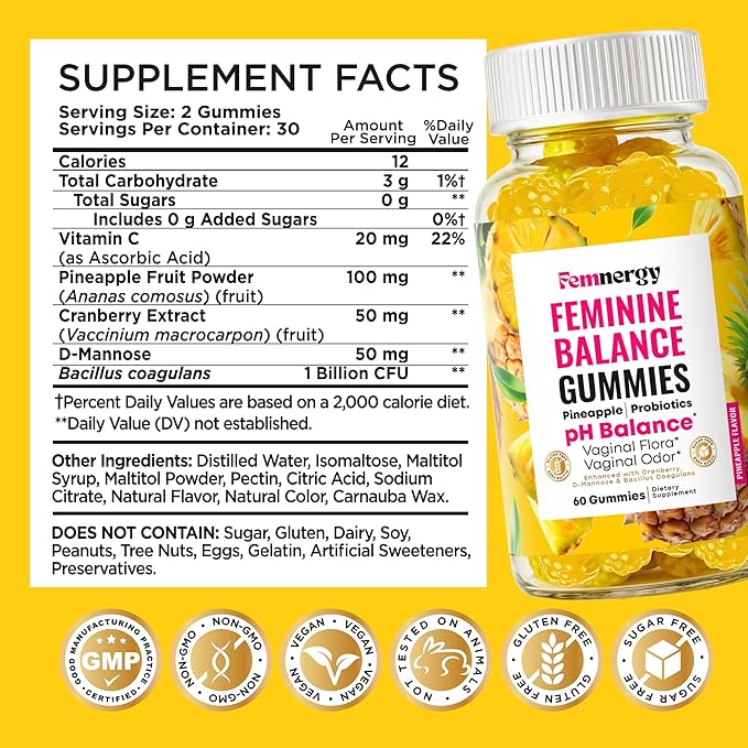 Feminine Balance Probiotic Gummies for Women - Vaginal Health & pH Balance Natural Gummy Supplement with Probiotics Pineapple Cranberry Vitamin C - Women's Healthy Odor & Flora Support - Gluten-Free