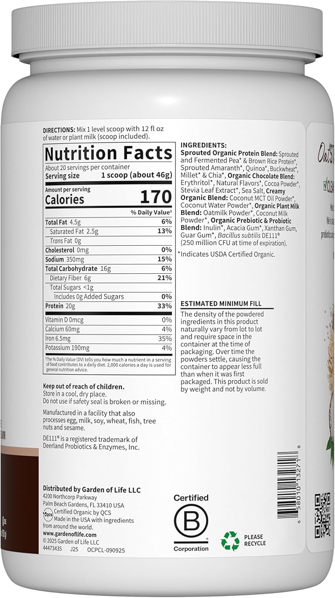 Garden of Life Creamy Plant Protein + Oat Milk Powder + Chocolate Flavor Vegan Protein Powder – Plant Based, Prebiotics & Probiotics, Gluten-Free, Non-GMO, Chocolate Brownie Flavor, 2 LBS
