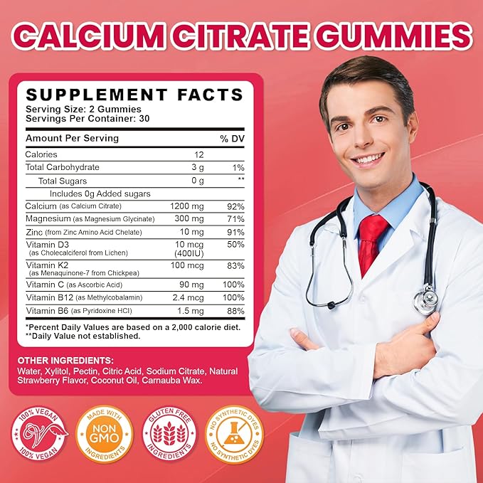 Calcium Citrate Gummies - 1200mg Calcium Gummies Supplements for Women & Men with Vitamin D3, K2, Magnesium, Zinc High Absorption for Bone, Muscle & Immune Support, Strawberry Flavor, 120 Count