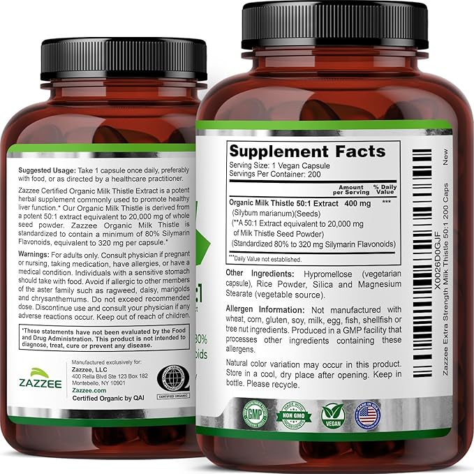 Zazzee USDA Organic Milk Thistle 50:1 Extract, 80% Silymarin Flavonoids, 200 Vegan Capsules, 6+ Month Supply, Silybum Marianum, Liver Support & Detox Support, Organic All-Natural, Non-GMO, Made in USA