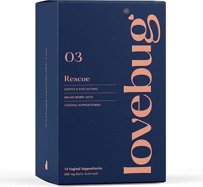 LoveBug Women's Health Rescue Vaginal Boric Acid Suppositories for Women - Fast Acting Suppository for Odor, Discharge, Yeast, and pH Balance with Coconut Oil, Hyaluronic Acid & Vitamin E, 14 ct