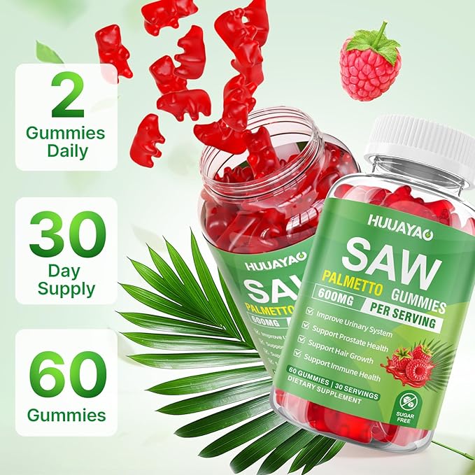 Saw Palmetto Gummies 600mg Saw Palmetto Supplement with Pumpkin Seed Oil, Biotin, Prostate Health Supplements for Men, Advanced DHT Blocker, Hair & Urinary Health Support, Raspberry Flavor, 60 Counts