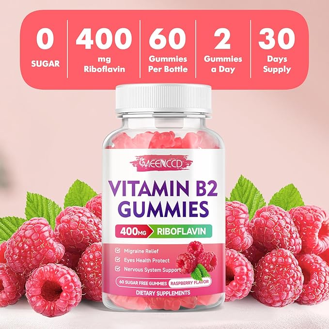 MEENCCD Vitamin B2 Gummies Riboflavin 400mg Supplement with Magnesium for Kids & Adults, B2 Gummies for Migraine Relief & Nervous System Support, Vegan, Sugar-Free, Raspberry Flavor, 60 Count