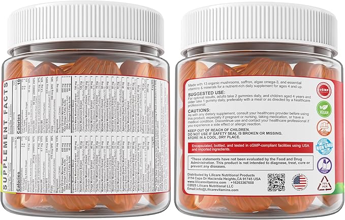 Kids, Teens & Adults Focus Gummies - Lions Mane Mushroom + Saffron + Algae Omega-3, 24-IN-1 Attention Supplement with Chaga, Magnesium, Methylated B12, B6 for Brain, Memory, Energy, Sugar Free, 60Cts