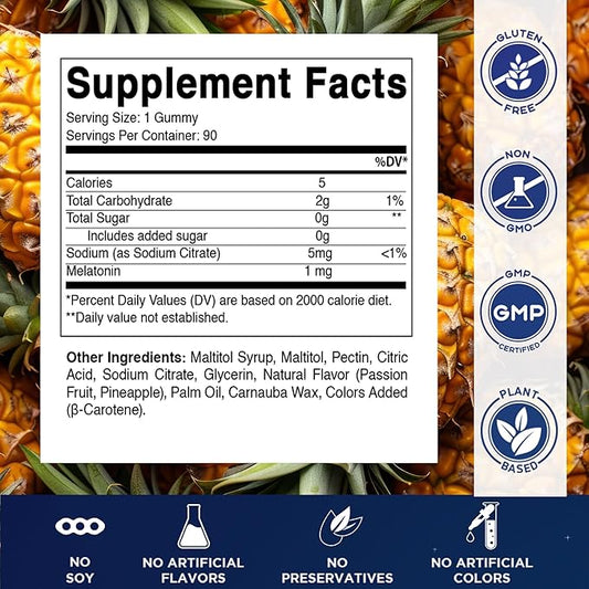 Vitamatic Sugar Free Kids Melatonin 1mg, 90 Gummies, Pineapple & passionfruit Flavored Gummies, 90 Days Supply
