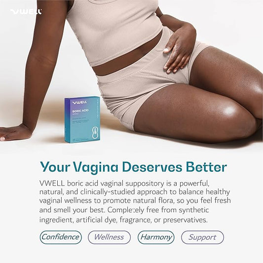 VWELL Boric Acid Vaginal Suppositories - Homeopathic Solution Maintains and Balances Healthy Vaginal pH & Microbiome Intimacy - Doctors Recommended (One Size, 30, Count)
