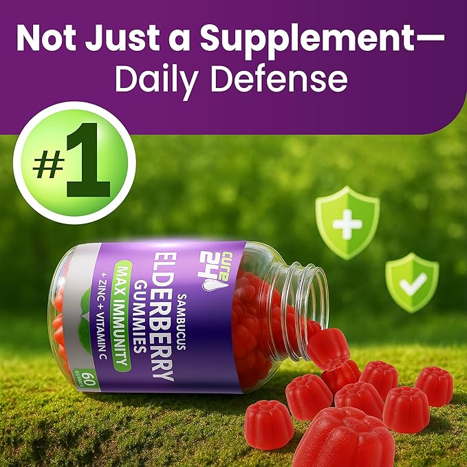 Sambucus Elderberry Gummies + Vitamin C + Zinc for Kids & Adults, X3 Immune Support, Natural Flavors + Ingredients, Vegan, Non-GMO, Made in USA (60)