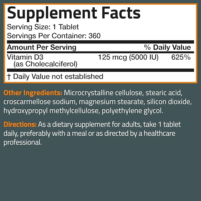 Bronson Vitamin D3 5000iu (125mcg) Healthy Muscle Function and Immune Support, Non-GMO, 360 Tablets