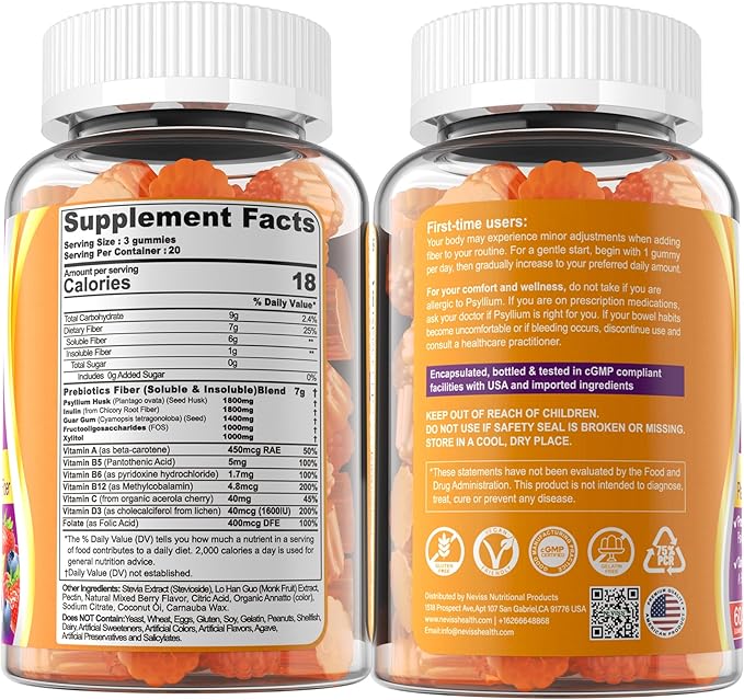 1Pack Fiber Gummies for Adults with Psyllium Husk, 7G(Soluble + Insoluble) Daily Prebiotic Fiber with Inulin, FOS, Guar Gum, Multivitamins for Daily Digestive Health, Regularity Gut Support,Sugar Free