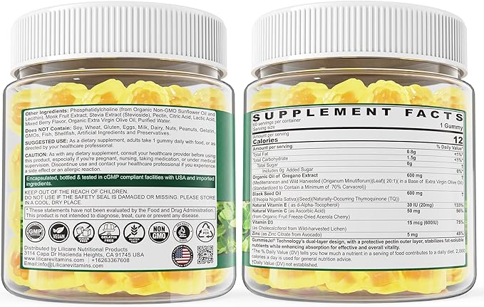 LILICARE Oil of Oregano with Black Seed Oil Filled Gummies, Aceite De Oregano Capsulas Alternative, Carvacrol & Thymoquinone with Vitamin E, C, D3, Zinc, Liposomal Form, Sugar Free, 2 Pack