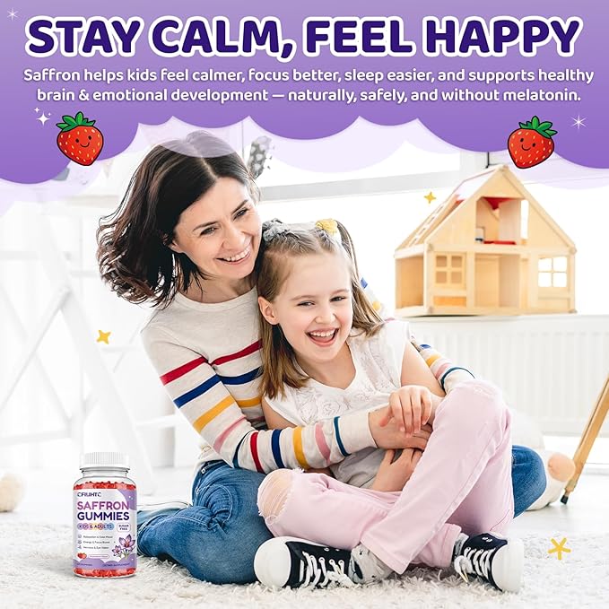 Saffron Gummies for Kids & Adults, 20-in-1 Saffron Supplements with 88.5mg Saffron Extract, B6, B12, C, D3, Magnesium for Calm, Focus, Nerve, Sugar Free, Vegan, Non-GMO - Strawberry Flavor, 60 Counts