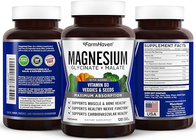 FarmHaven Magnesium Glycinate & Malate Complex w/Vitamin D3, 100% Chelated for Max Absorption- Bone Health, Nerves, Muscles, 240 Capsules, 120 Days