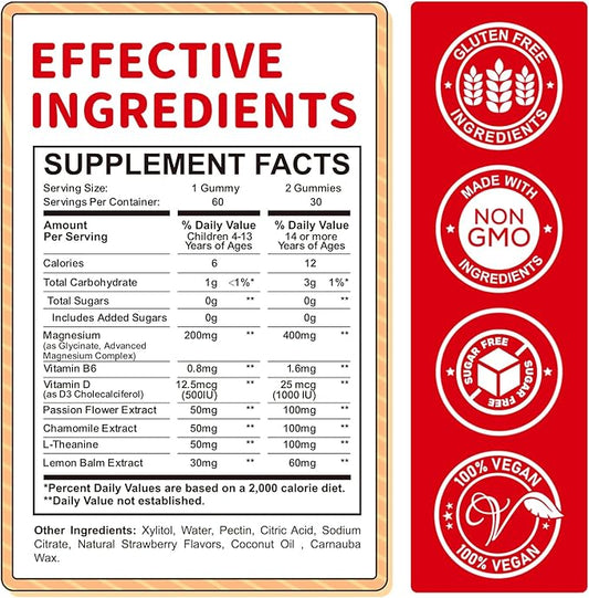 Kids Magnesium Glycinate Gummies, Magnesium Supplement with L-Theanine, Vitamin B6, D3 for Kids & Adults, Calm Magnesium for Sleep Relaxation,Brain,Bones,Sugar Free Strawberry 120ct